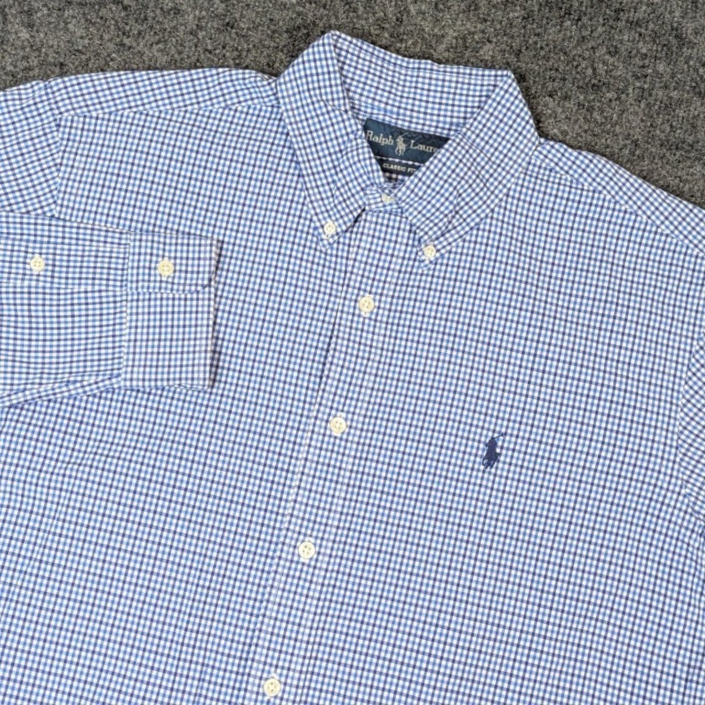 Ralph Lauren Classic Fit Gingham Button Down Shirt Blue White Mens Large L